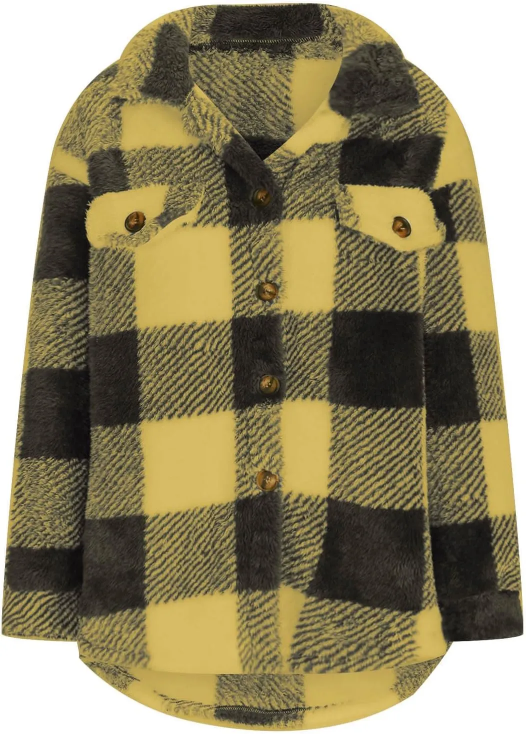 Women's Fuzzy Fleece Plaid Shacket Jacket Checkered Button Down Long Sleeve Shirts Jacket Wth Flap Pockets Plus Size