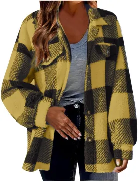 Women's Fuzzy Fleece Plaid Shacket Jacket Checkered Button Down Long Sleeve Shirts Jacket Wth Flap Pockets Plus Size