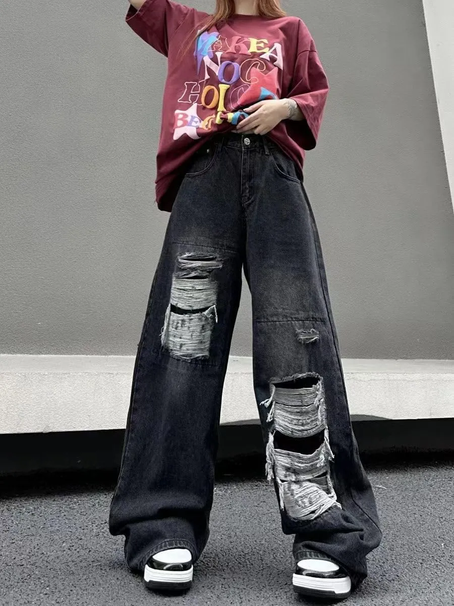 Women's Gothic Ripped Jeans High Waist Hip-Hop Vintage Y2k Denim Pants Oversize Harajuku Beggy Wide Leg Jeans