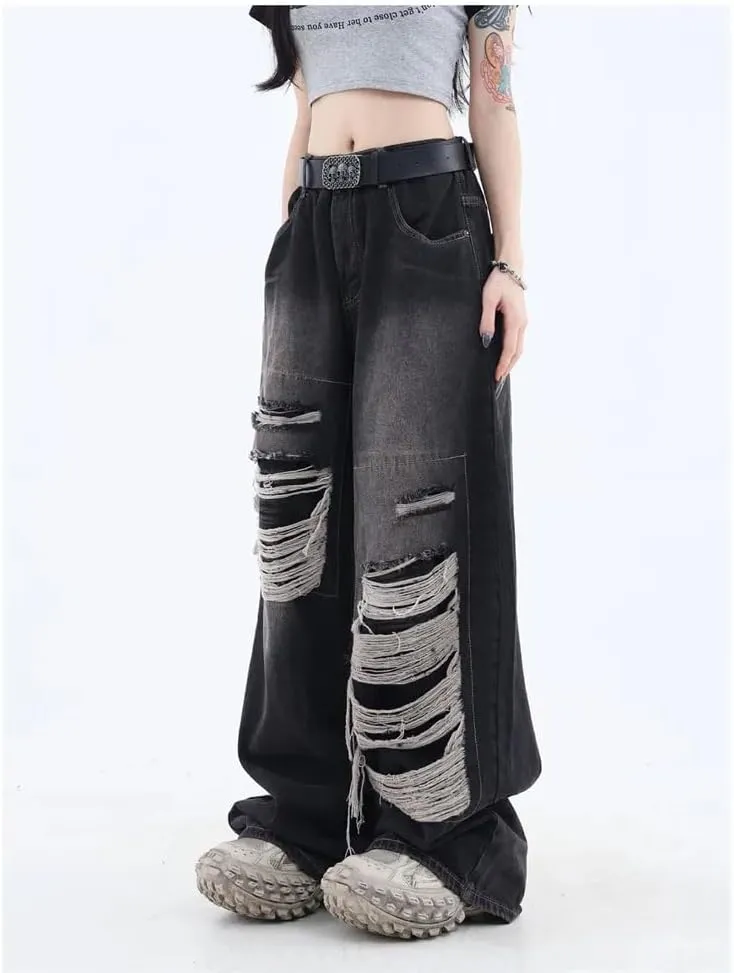 Women's Gothic Ripped Jeans High Waist Hip-Hop Vintage Y2k Denim Pants Oversize Harajuku Beggy Wide Leg Jeans