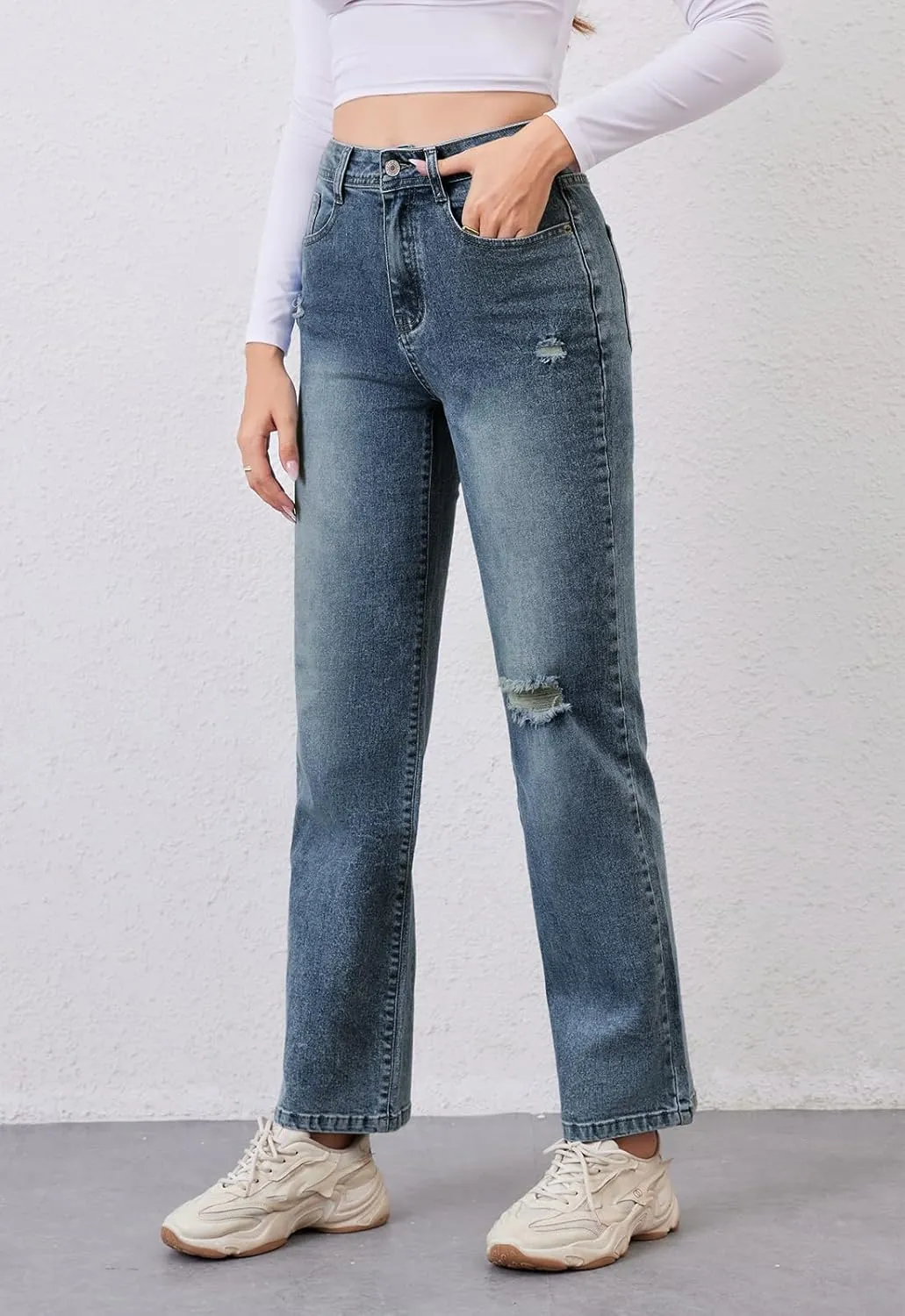 Women's High Waist Jeans Straight Leg Jeans Casual Distressed Stretchy Denim Pants with Pockets