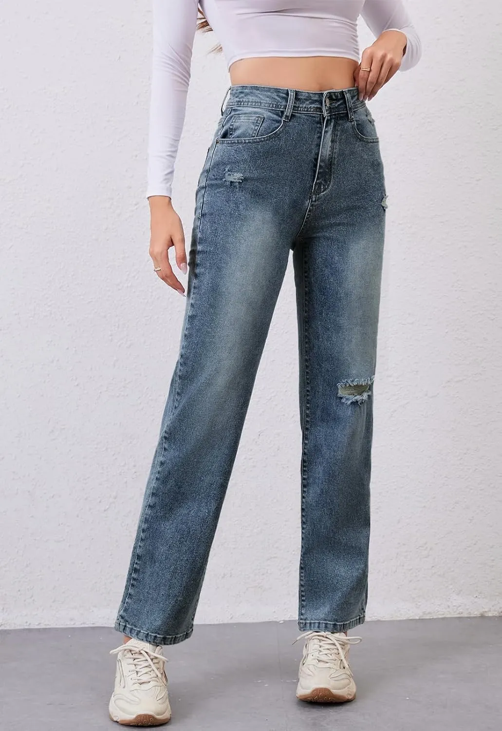 Women's High Waist Jeans Straight Leg Jeans Casual Distressed Stretchy Denim Pants with Pockets