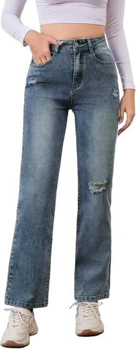 Women's High Waist Jeans Straight Leg Jeans Casual Distressed Stretchy Denim Pants with Pockets
