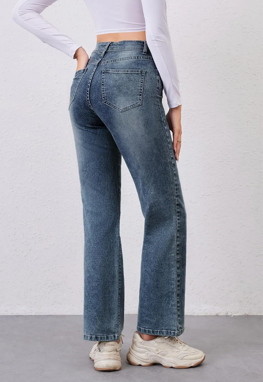 Women's High Waist Jeans Straight Leg Jeans Casual Distressed Stretchy Denim Pants with Pockets