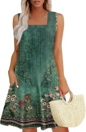 Women's Summer Dresses Vacation Printed Sundress Beach Sleeveless Dress with Pocket V Neck Casual Swimsuit Coverup