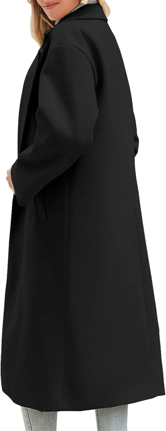 Women's Wool Blend Coat Oversized Double Breasted Winter Pea Coat Long Sleeve Notch Lapel Long Trench Coat
