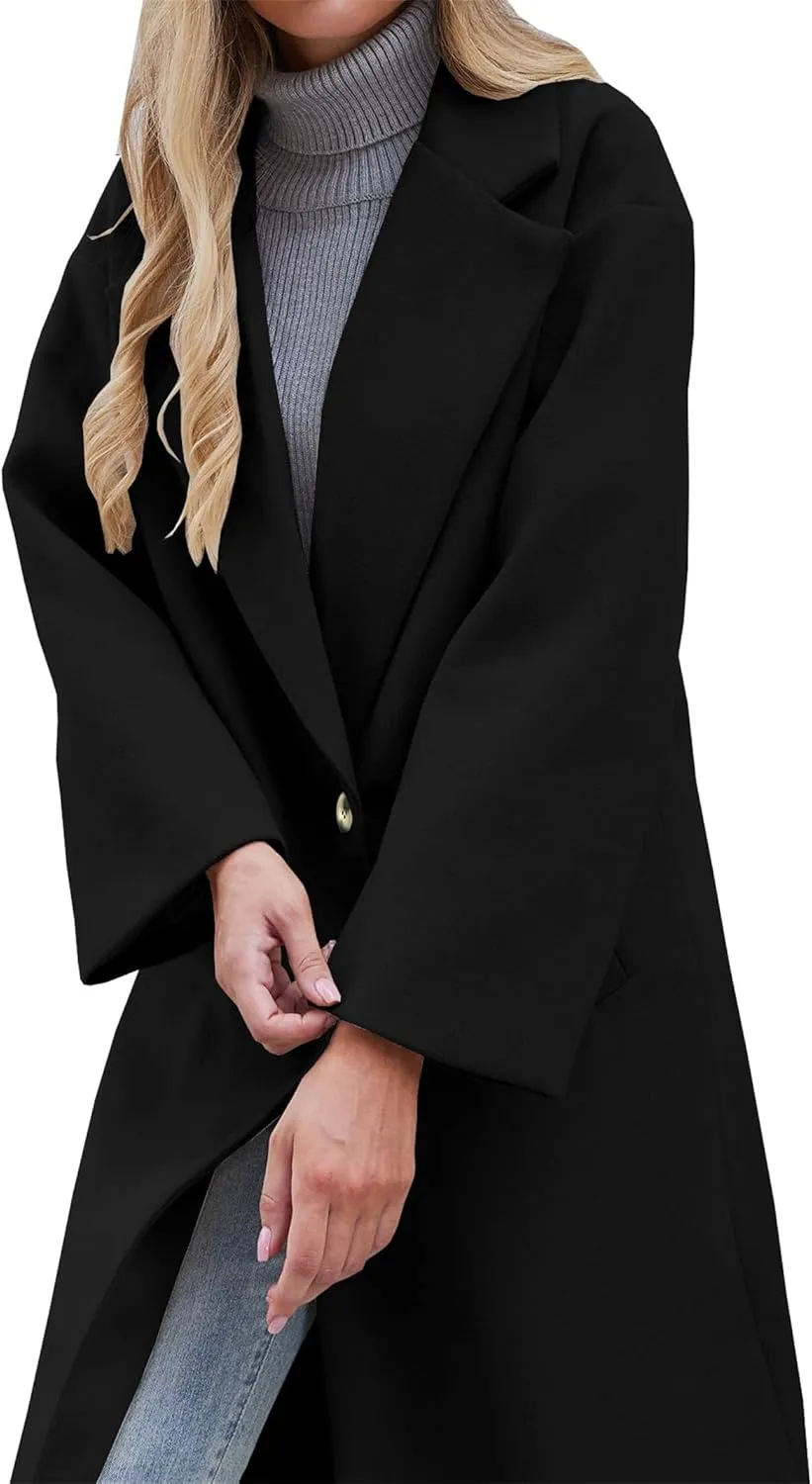 Women's Wool Blend Coat Oversized Double Breasted Winter Pea Coat Long Sleeve Notch Lapel Long Trench Coat