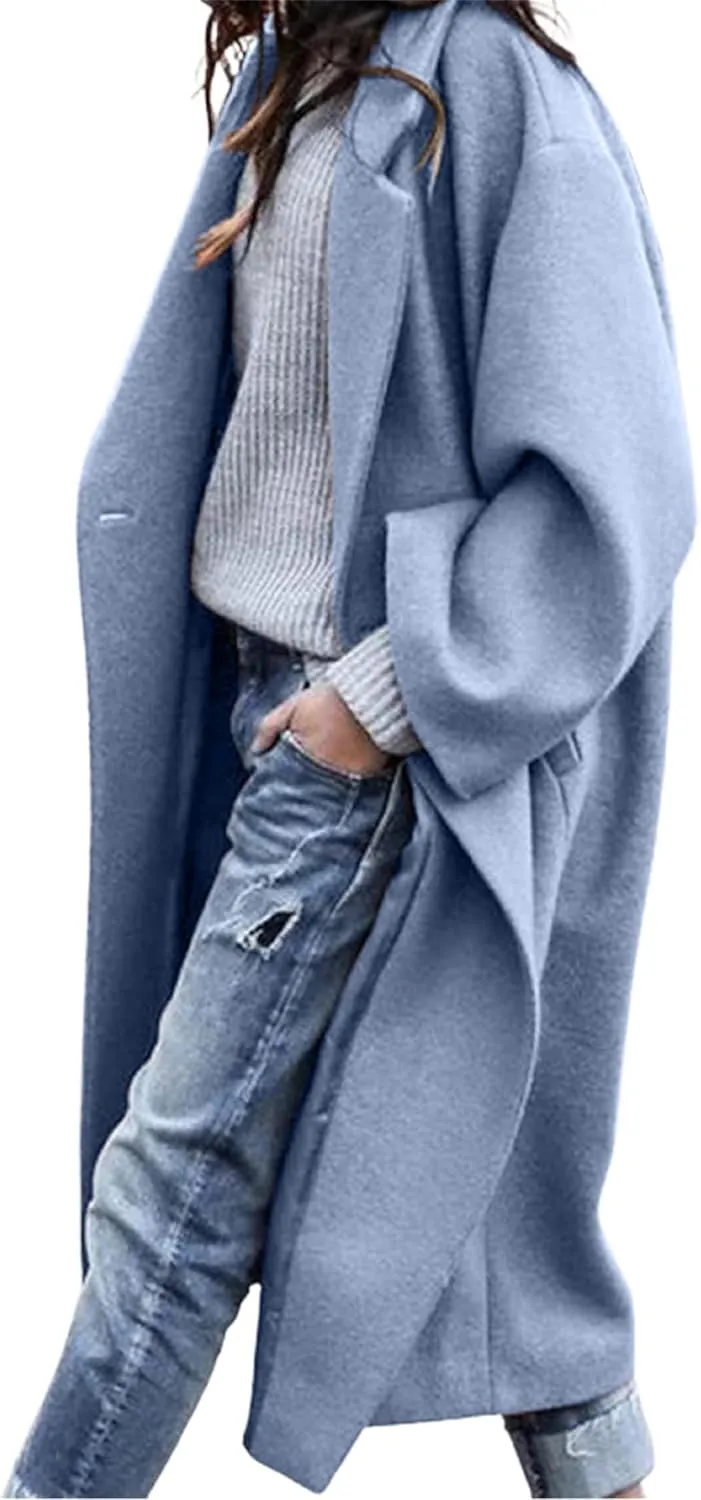 Women's Wool Blend Coat Oversized Double Breasted Winter Pea Coat Long Sleeve Notch Lapel Long Trench Coat