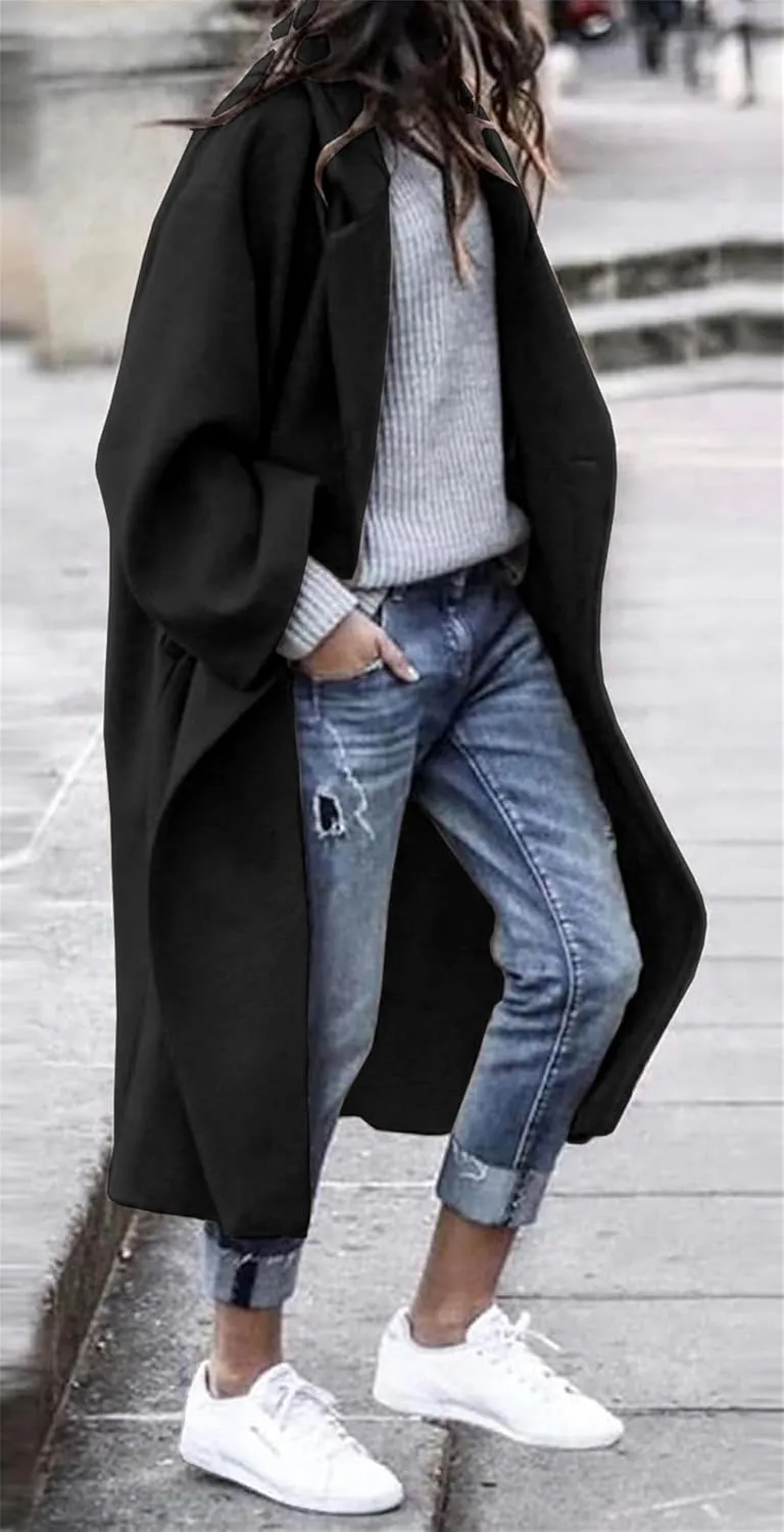 Women's Wool Blend Coat Oversized Double Breasted Winter Pea Coat Long Sleeve Notch Lapel Long Trench Coat