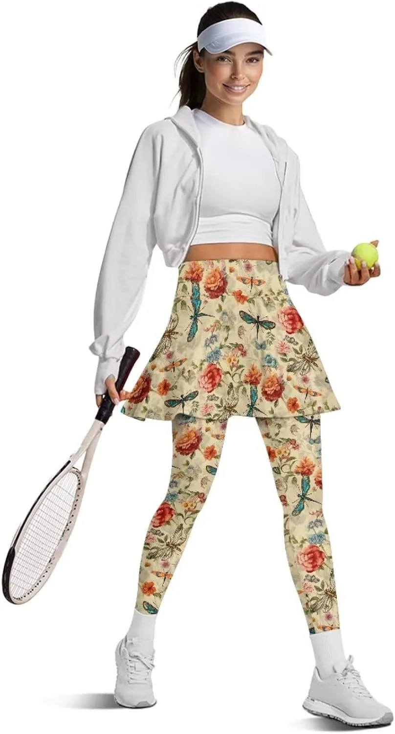 Womens Yoga Skirted Leggings, Casual Athletic Tennis Skirt with Leggings Yoga Pants for Running Workout Active