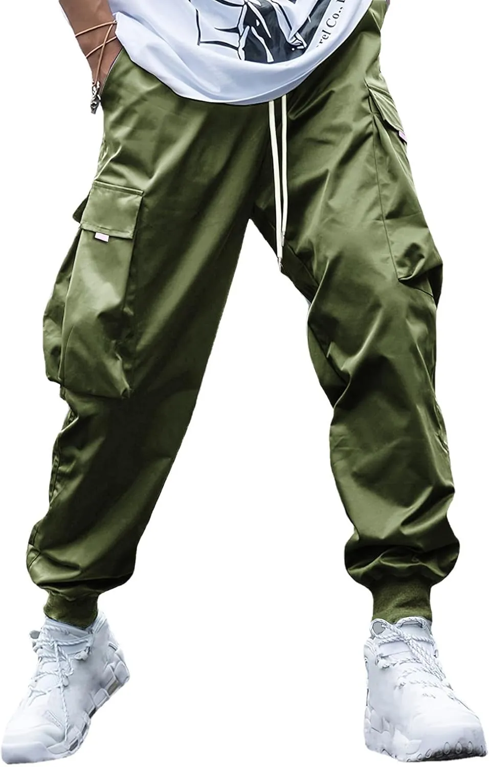WZIKAI Men's Casual Cargo Pants Elastic Waist Drawstring Tapered Pants Athletic Techwear Joggers Pants with Flap Pockets