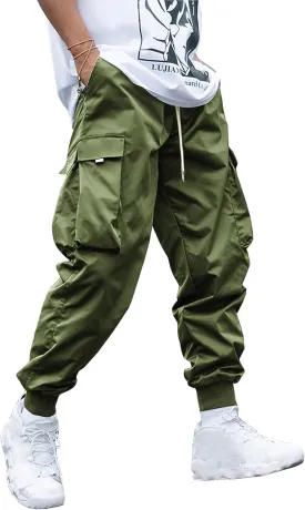 WZIKAI Men's Casual Cargo Pants Elastic Waist Drawstring Tapered Pants Athletic Techwear Joggers Pants with Flap Pockets