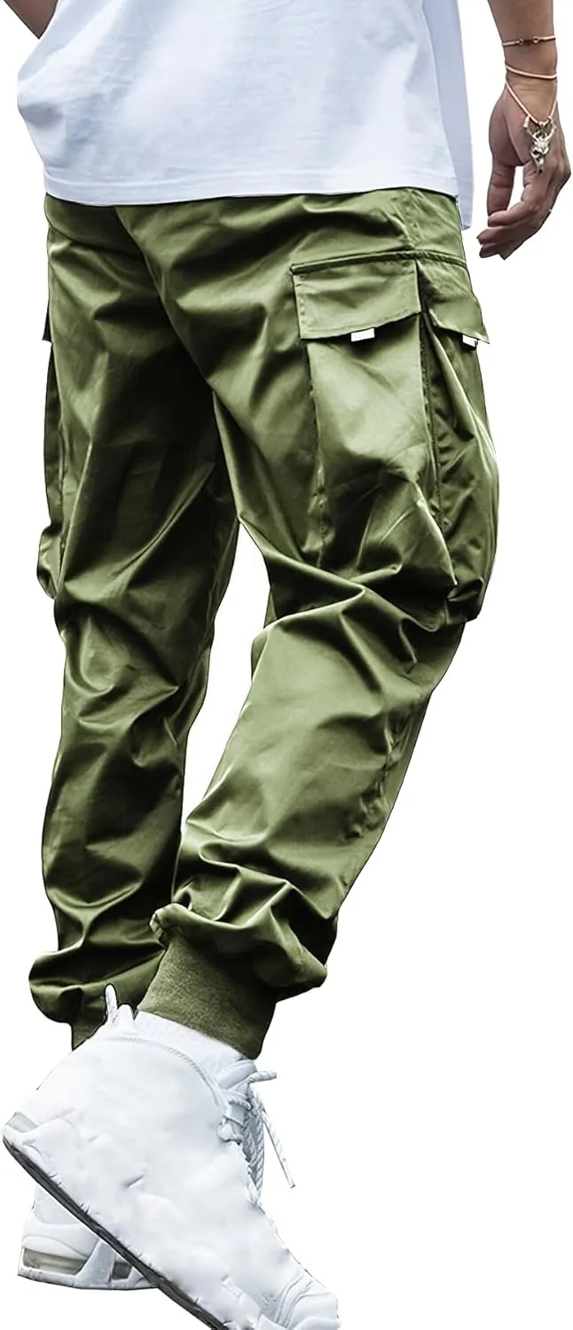 WZIKAI Men's Casual Cargo Pants Elastic Waist Drawstring Tapered Pants Athletic Techwear Joggers Pants with Flap Pockets