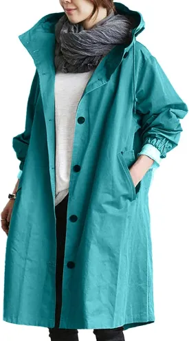 XUETON Womens Oversize Jacket Coats Outdoor Breathable Waterproof Lightweight Hooded Long Trench Coat Blue